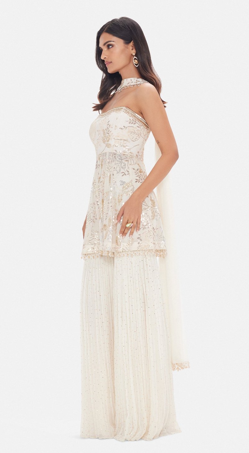 Ivory Georgette Off-Shoulder Peplum Sharara Set