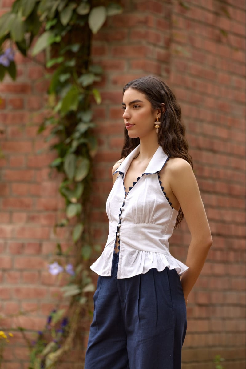 White Collared Peplum Top with Navy Scallop Trim