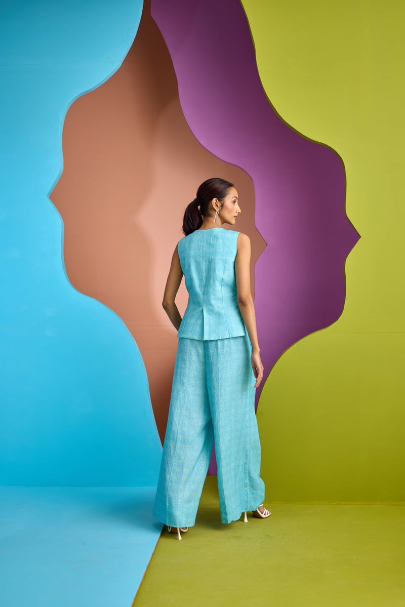 Pastel Blue Printed High-Waist Wide-Leg Linen Trousers