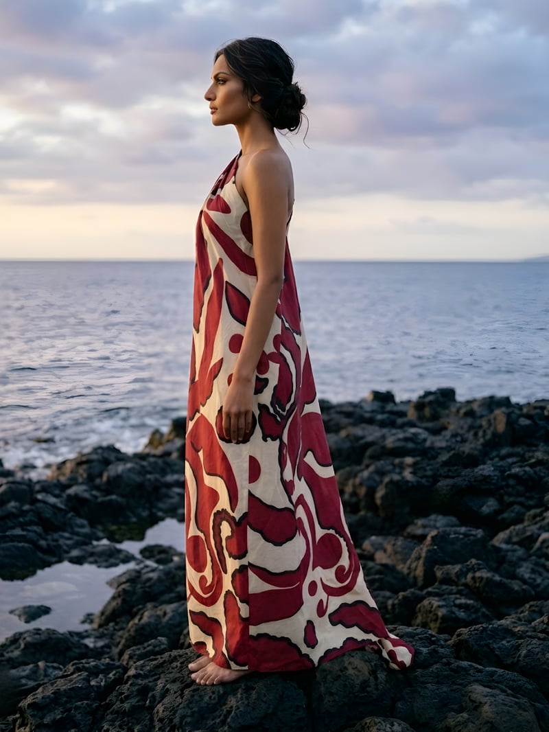 Maroon Abstract Print One-Shoulder Maxi Kaftan Dress