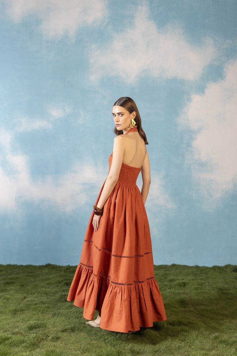 Rust Square Halter Tiered Midi Dress