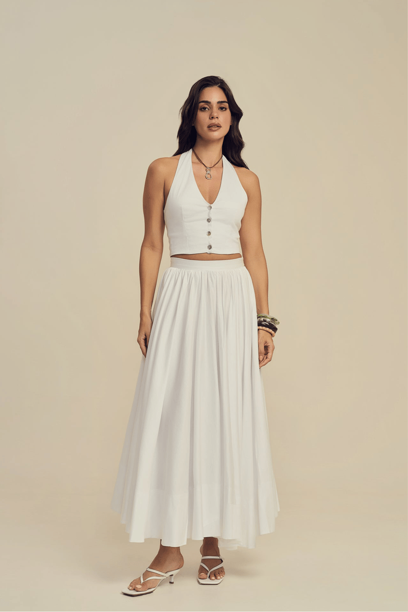 White Cotton Circular Flare Maxi Skirt with Side Zip — LABEL FROW