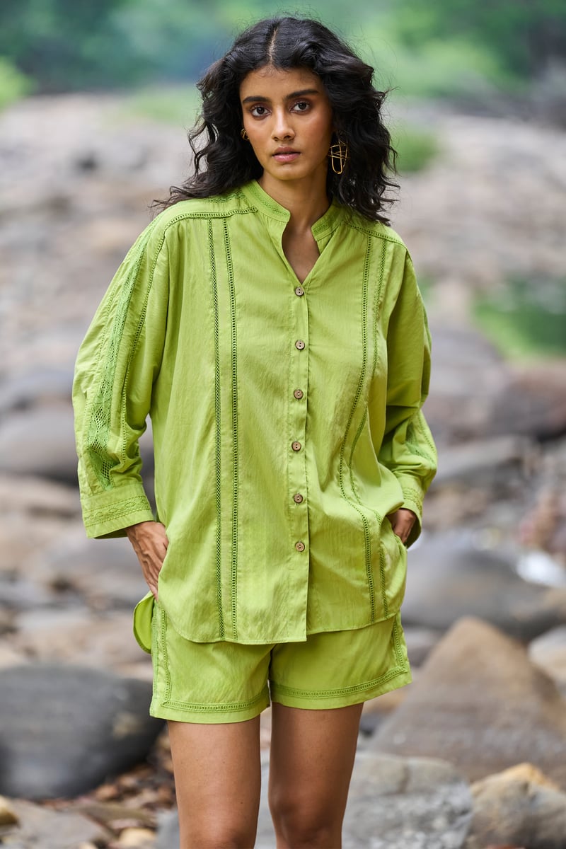 Lime Lace Insert Button-Down Shirt with Band Collar