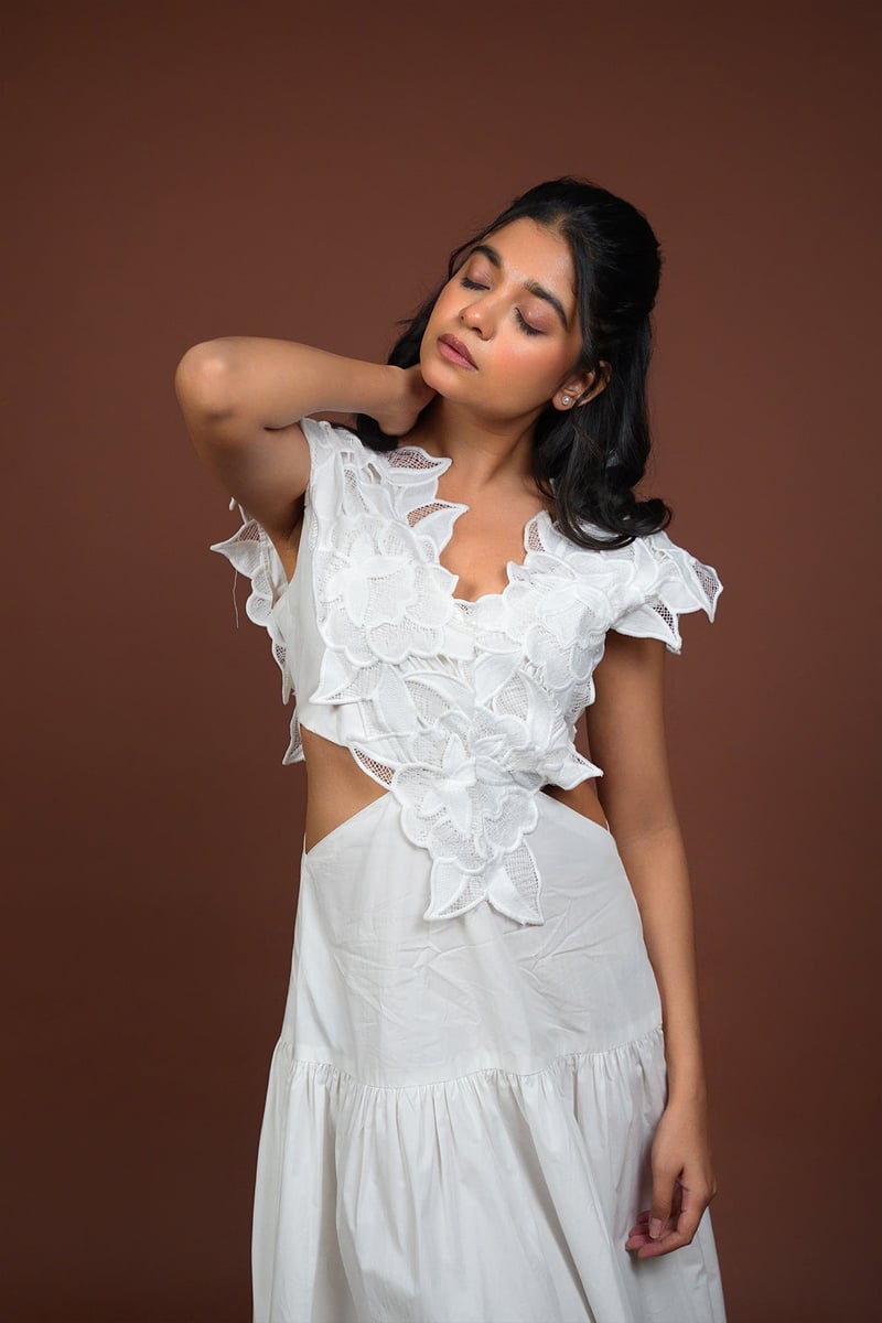 White Cotton Lace Bodice Fit and Flare Midi Dress