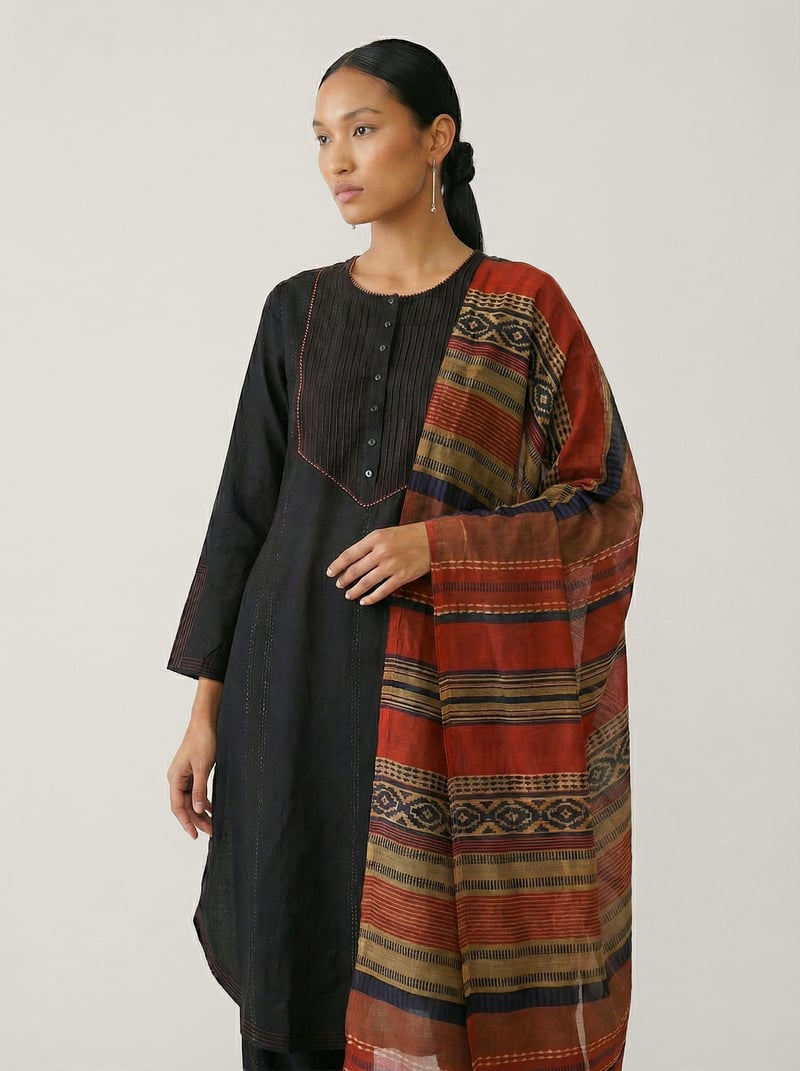 Black Straight Kurta Set with Pintuck Panel and Dupatta