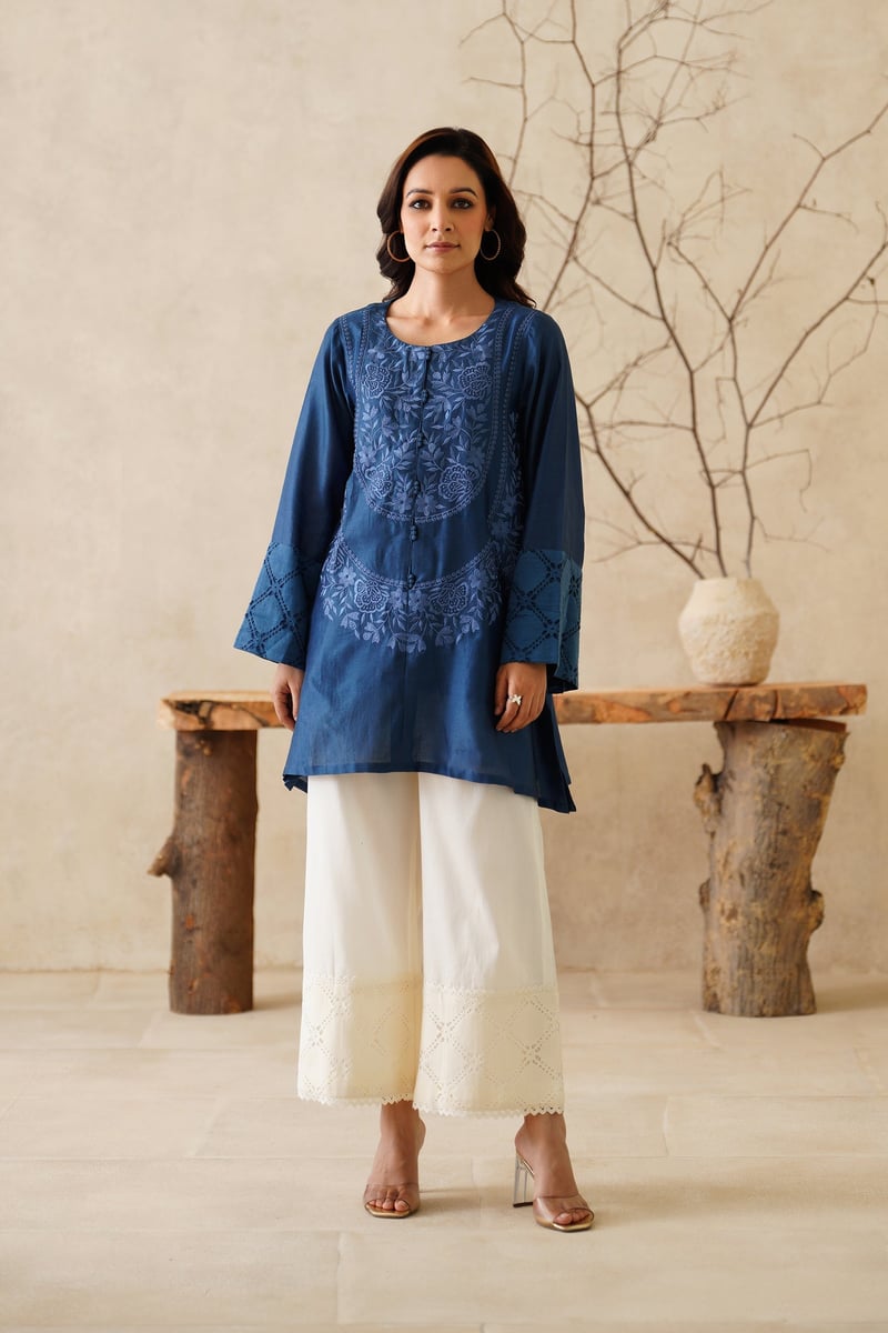 Blue Chanderi Embroidered Tunic and Cream Palazzo Co-ord Set