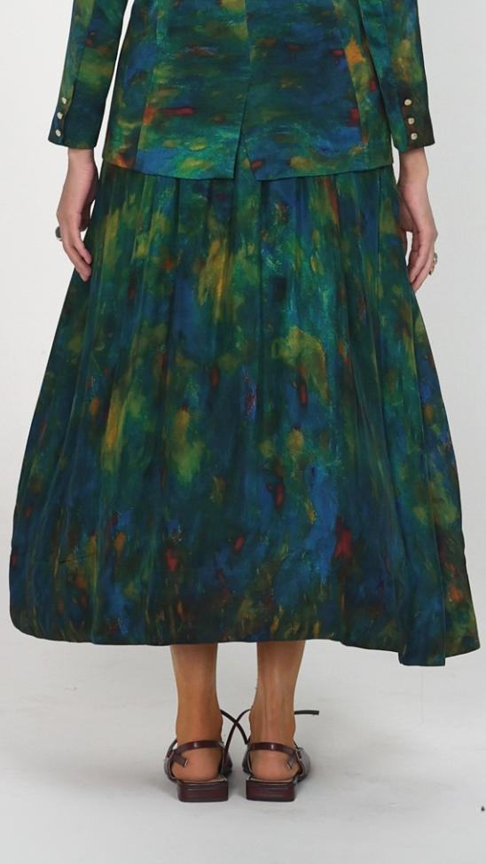 Multicolor Abstract Printed High-Waist Box Pleat Midi Skirt