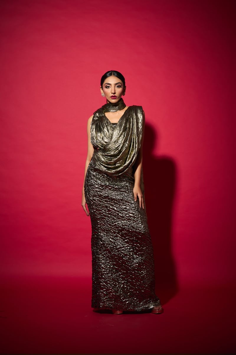 Metallic Gold Saree-Drape Maxi Gown Dress