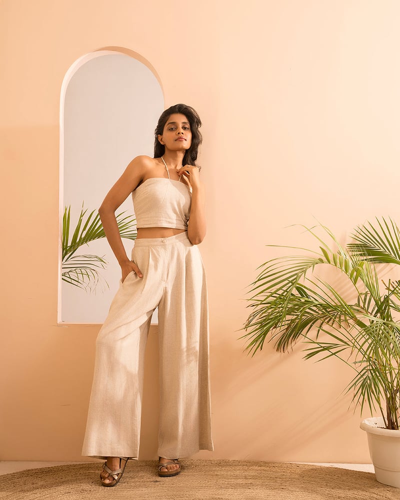 Beige Linen Halter Crop Top & Wide-Leg Co-ord Set