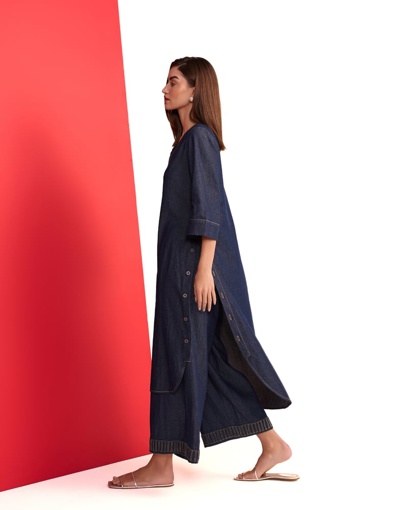 Denim Blue V-Neck Straight Kurta and Pant Set