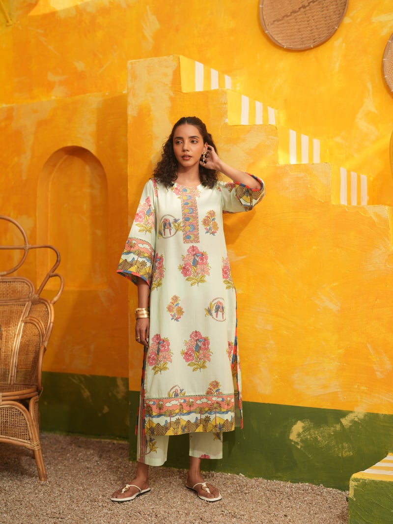 Cool Mint Tropical Print Straight Kurta Set with Pants