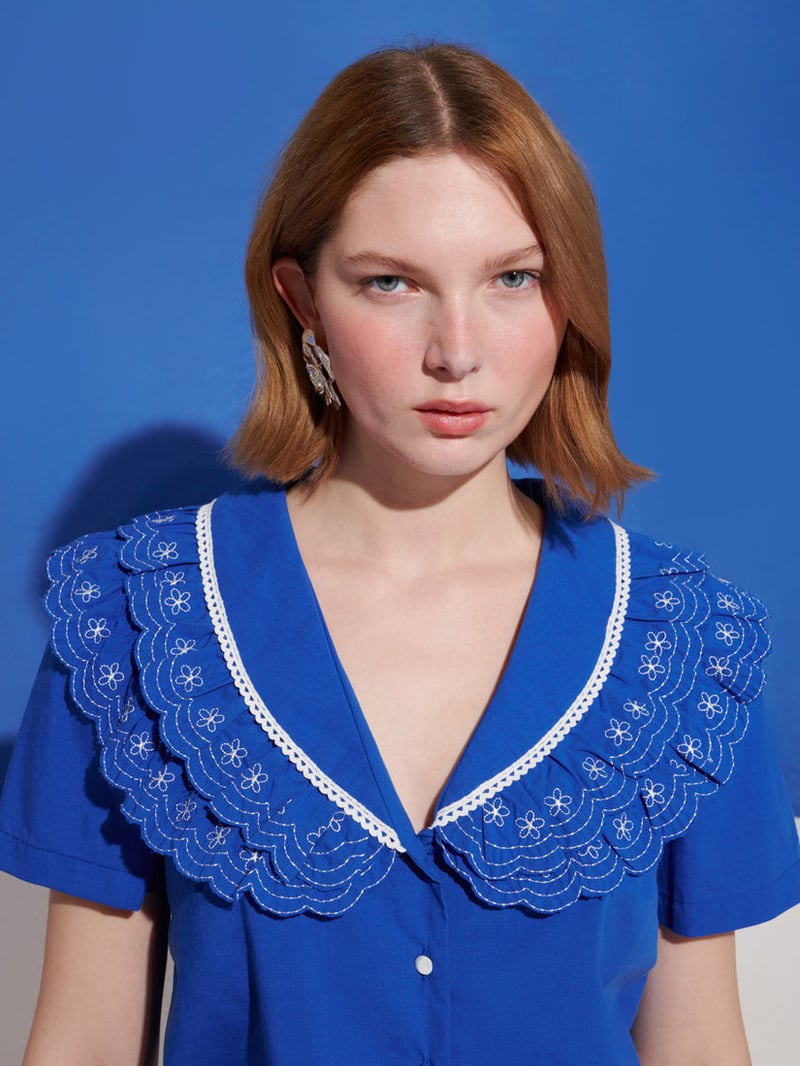 Cobalt Blue Embroidered Ruffle Collar Button-Down Blouse