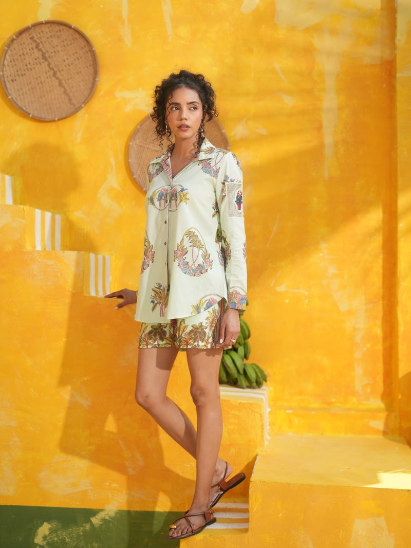 Cool Mint Tropical Printed Cotton Button-Down Shirt