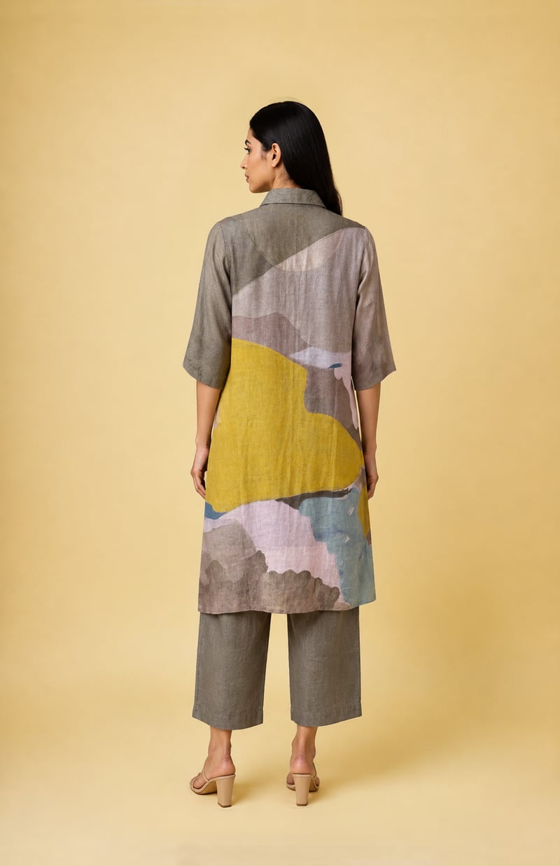 Mustard Abstract Printed Collared Kurta Set with Pants