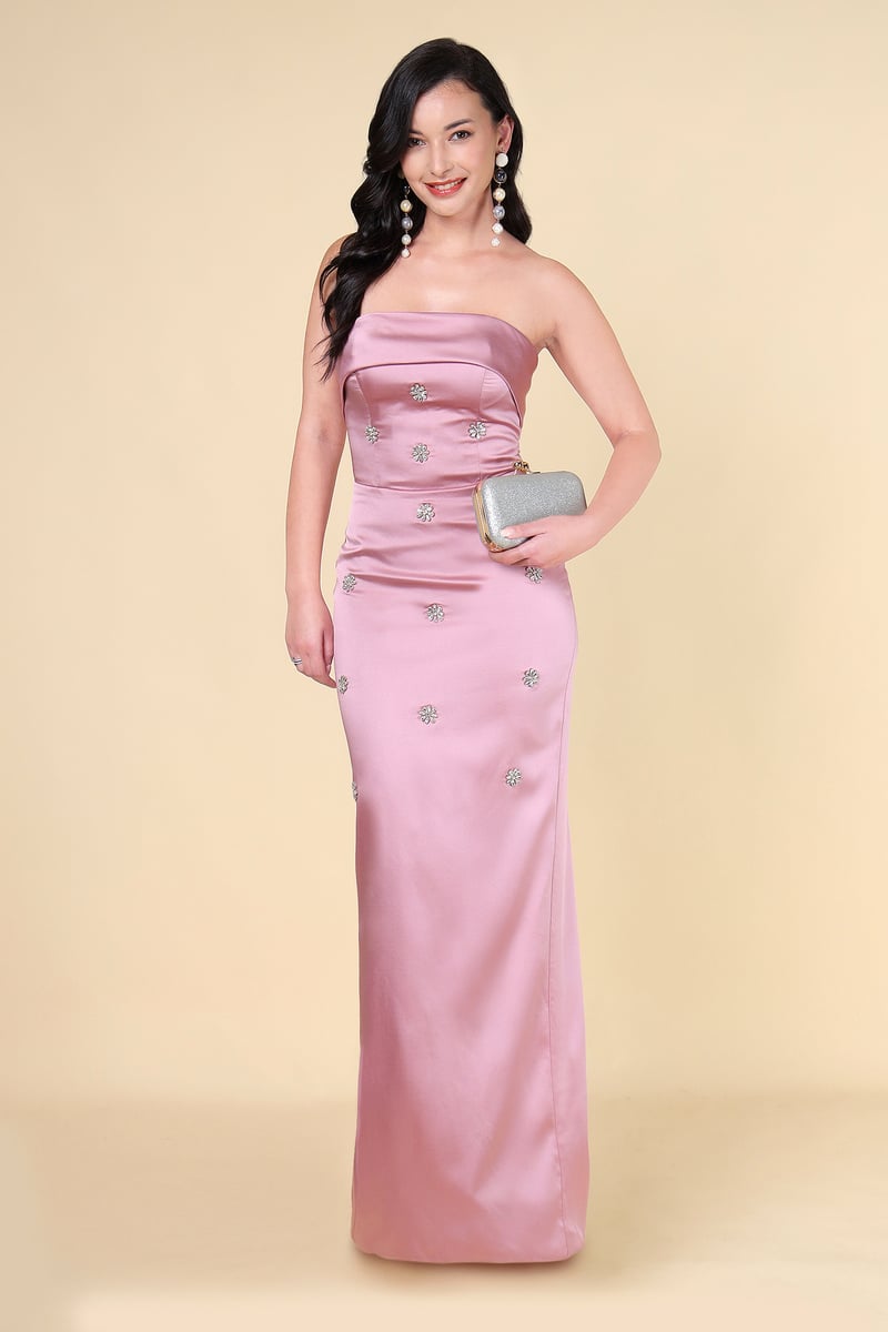 Pink Strapless Satin Maxi Gown with Crystal Floral Motifs