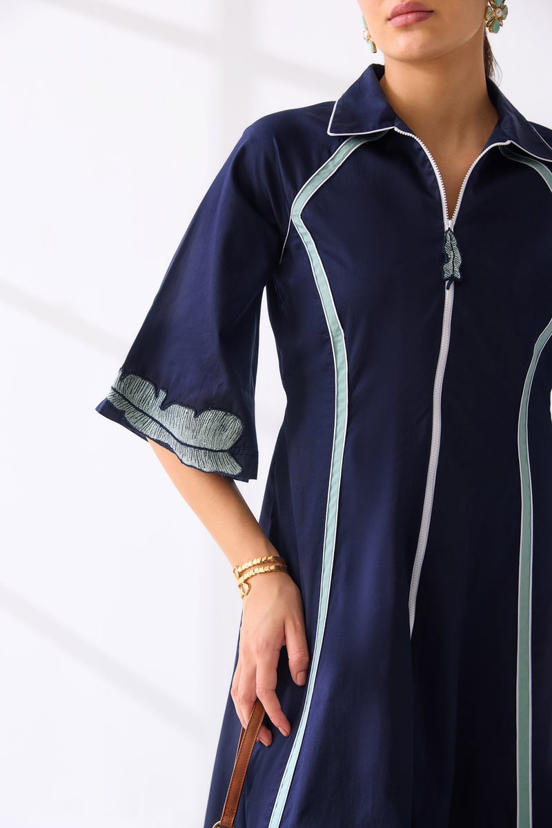 Navy Cotton Satin Zip-Front Fit and Flare Midi Dress