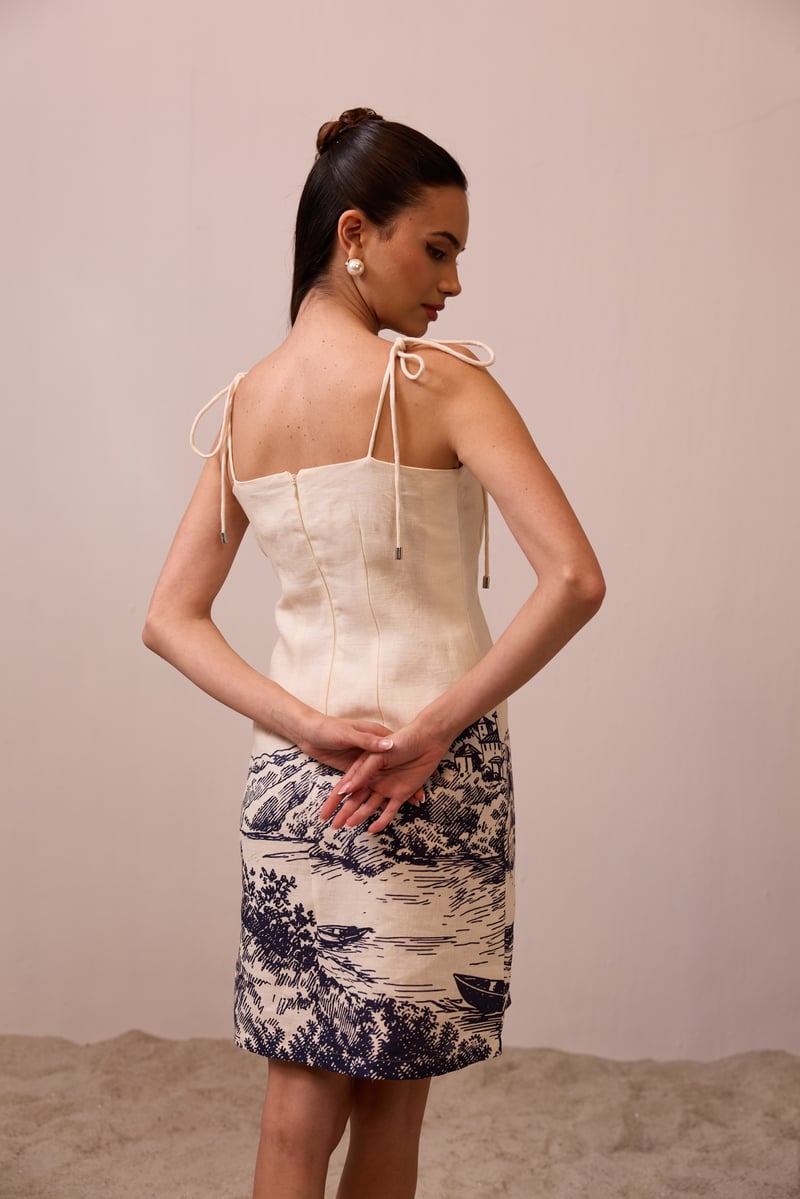 Apricot Linen Square-Neck Tie-Strap Dress with Print