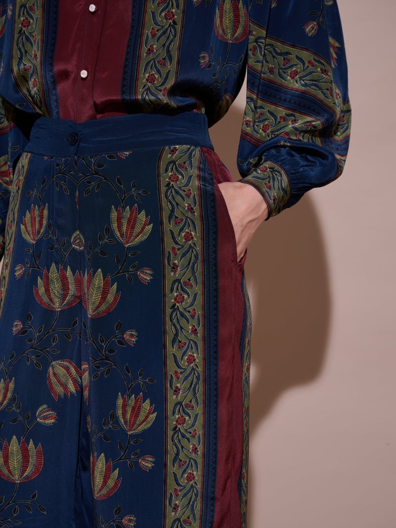Blue Floral Placement Print Wide-Leg Trousers