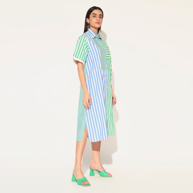 Blue Green Striped Panelled Cotton Midi Shirtdress