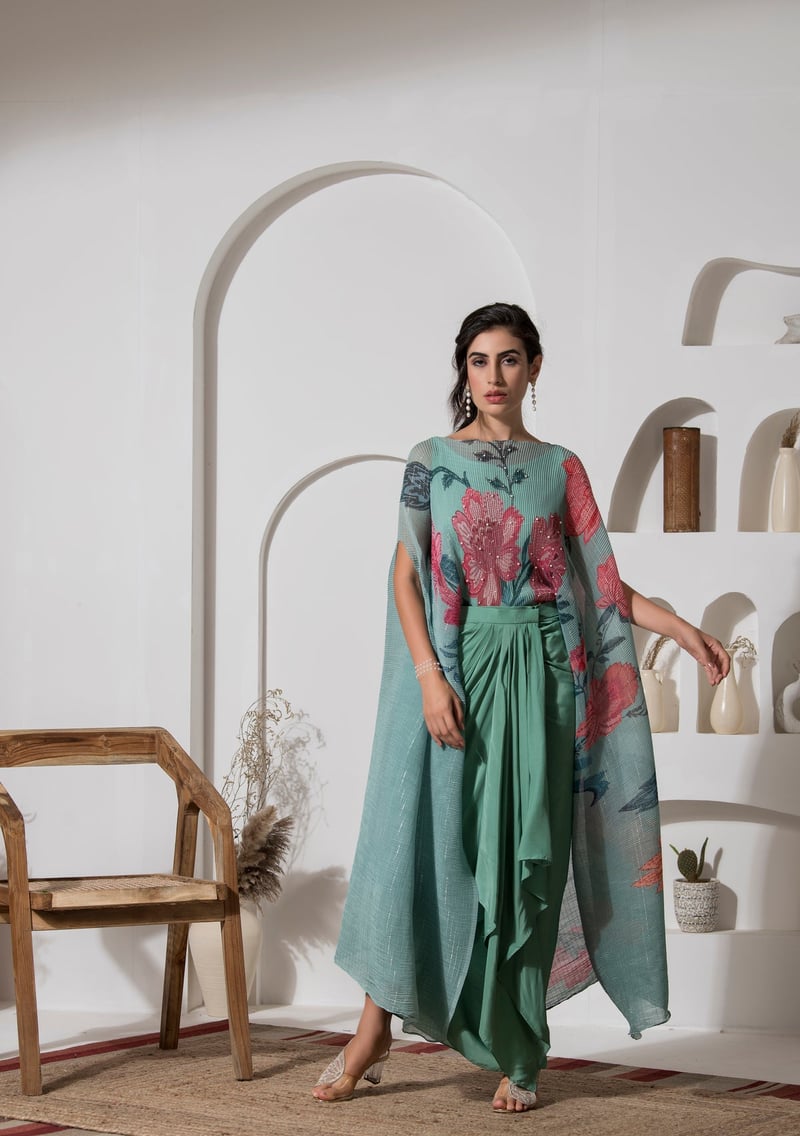 Dusty Jade Green Floral Kaftan and Dhoti Co-ord Set