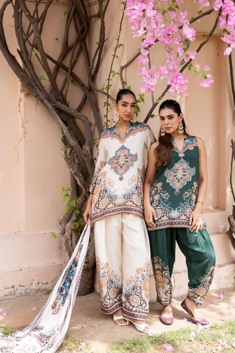 Ivory Mughal Print Muslin Kurta Set With Farshi Pants