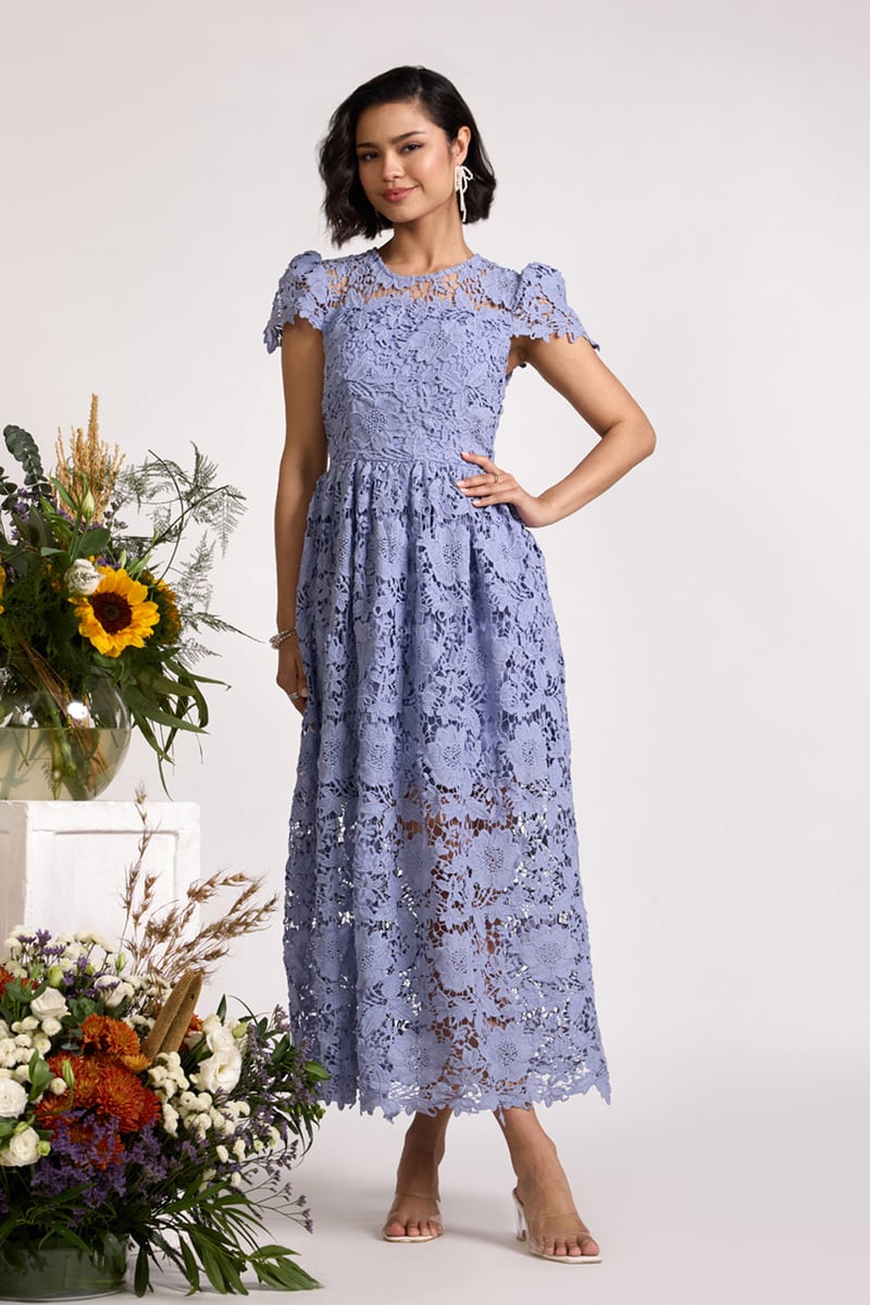 Ice Blue Lace Fit and Flare Maxi Dress