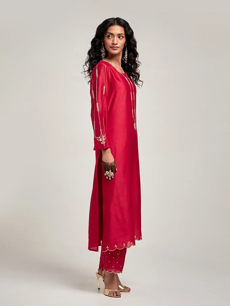 Red Silk Chanderi Embroidered Straight Kurta
