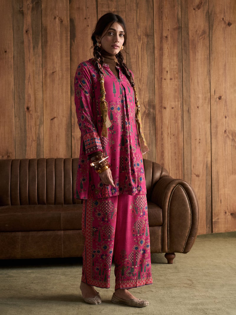 Pink Printed Kurta and Wide-Leg Pants Co-ord Set