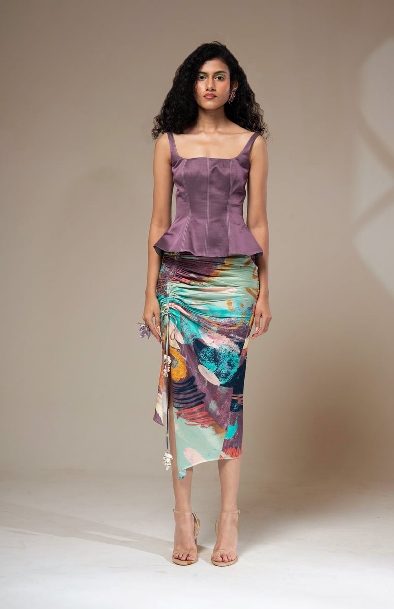 Multicolour Peplum Top and Ruched Midi Skirt Co-ord Set