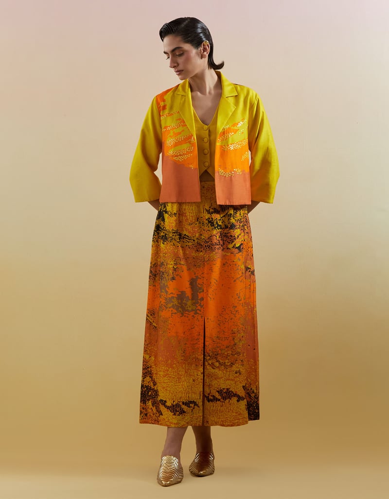 Yellow Colorblocked Jacket and Abstract Skirt Co-ord Set — CLOS
