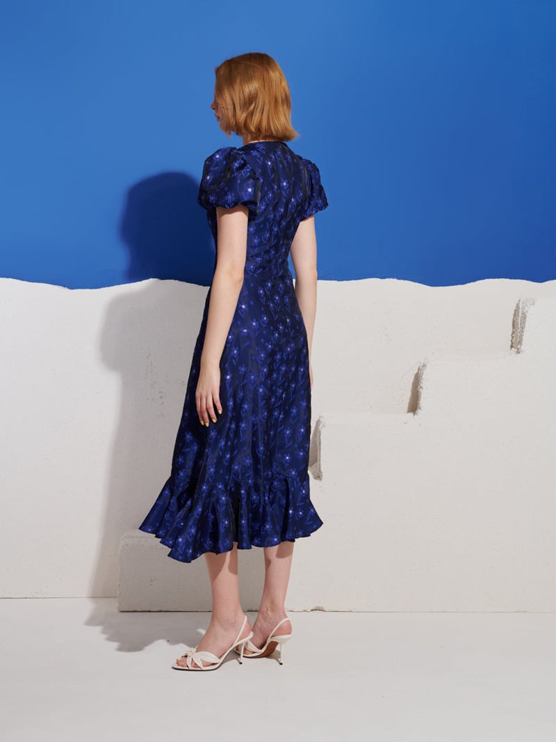 Cobalt Blue Floral Jacquard Puff Sleeve Midi Dress