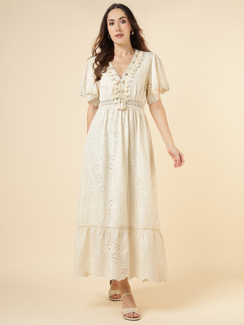 Natural Beige Cutwork Tiered Maxi Dress