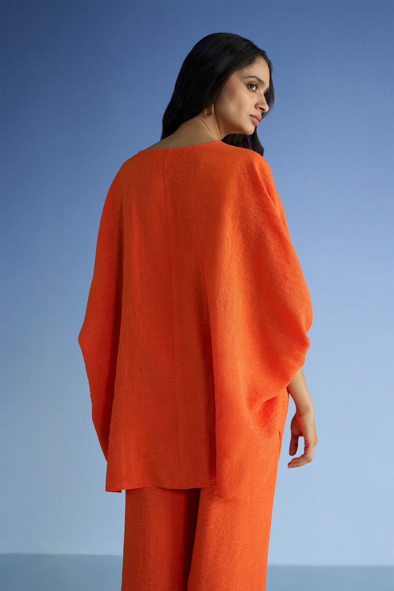 Tangerine Linen-Blend Longline Boxy Kaftan Top