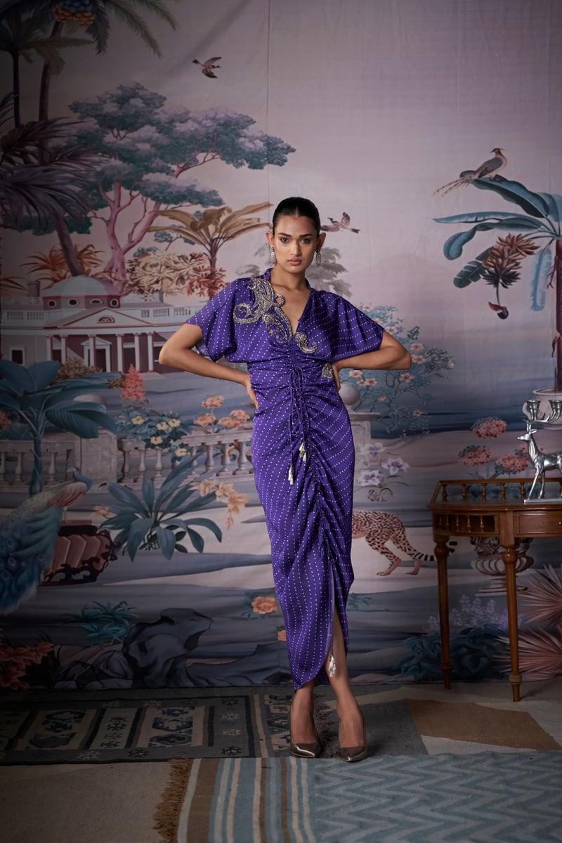 Purple Satin Printed Ruched Kaftan with Plunging Neck — AMRTA BY GUNEET KONDAL