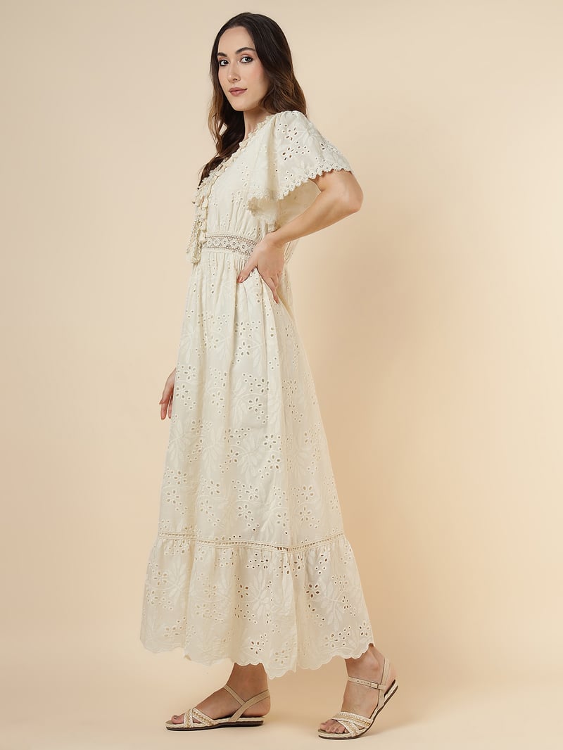 Natural Beige Cutwork Tiered Maxi Dress