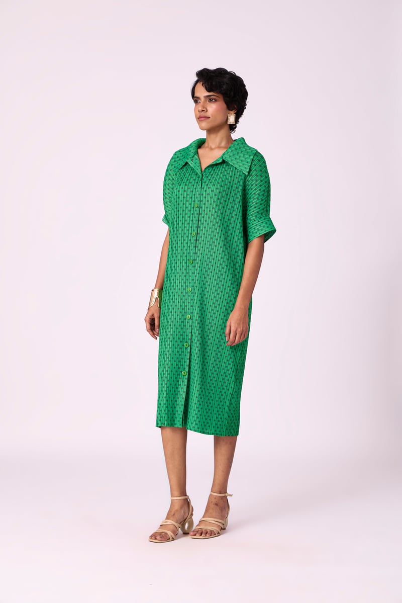 Green Pleated Printed Midi Shirt Dress