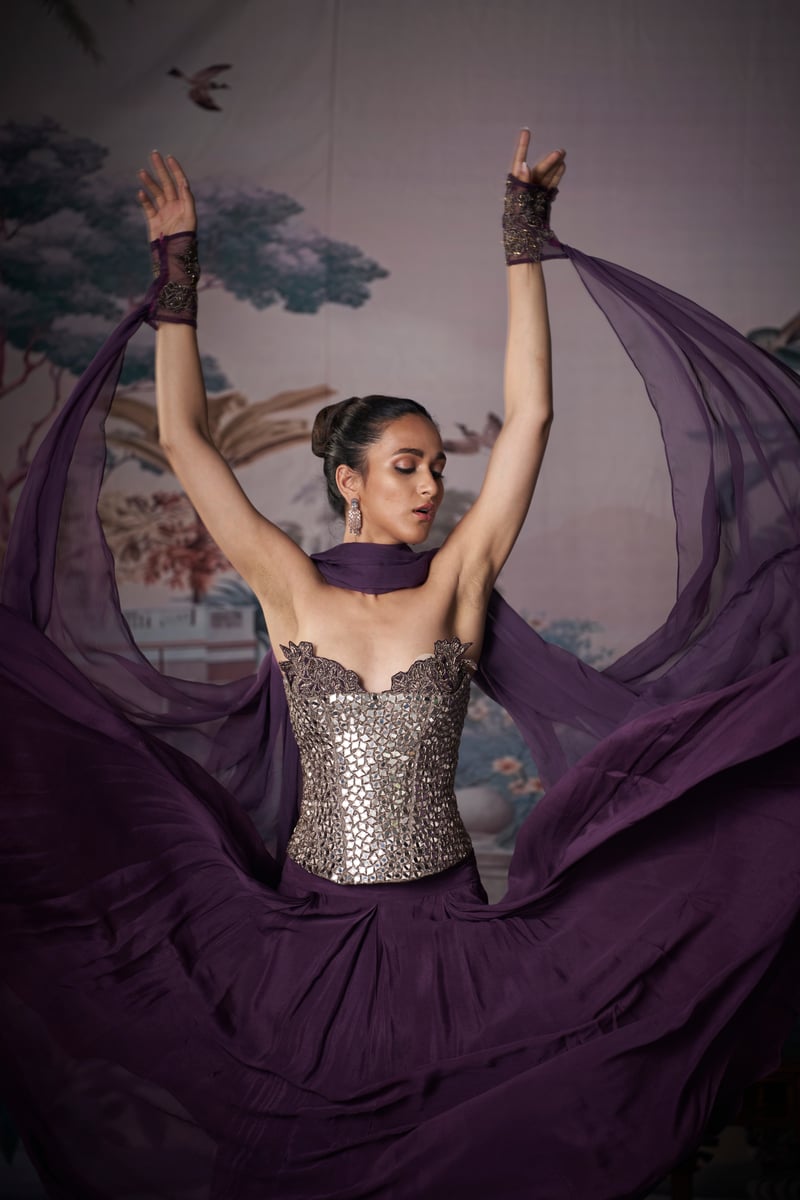 Purple Mirror-Work Corset Lehenga Set with Dupatta