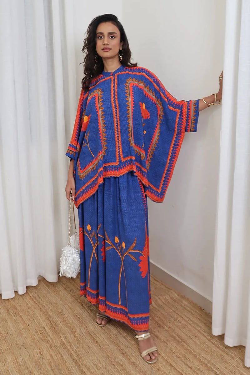 Blue Printed Cape Top and Wide-Leg Pants Co-ord Set