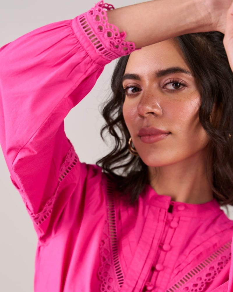 Pink Poplin Shirt Top with Lace Inserts and Mandarin Collar