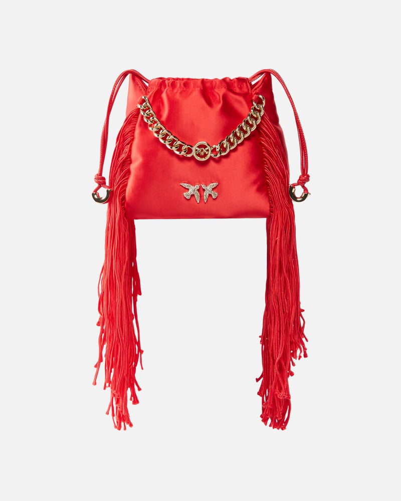 Mini satin clutch bag with fringes