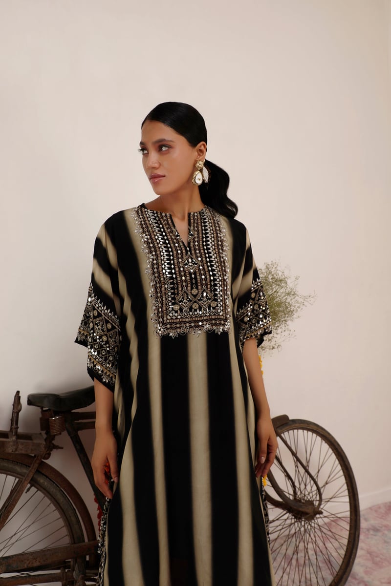 Black and Beige Striped Embellished Kaftan Kurta Set