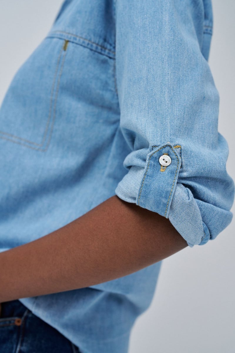 Light Blue Denim Button-Down Shirt with Patch Pockets