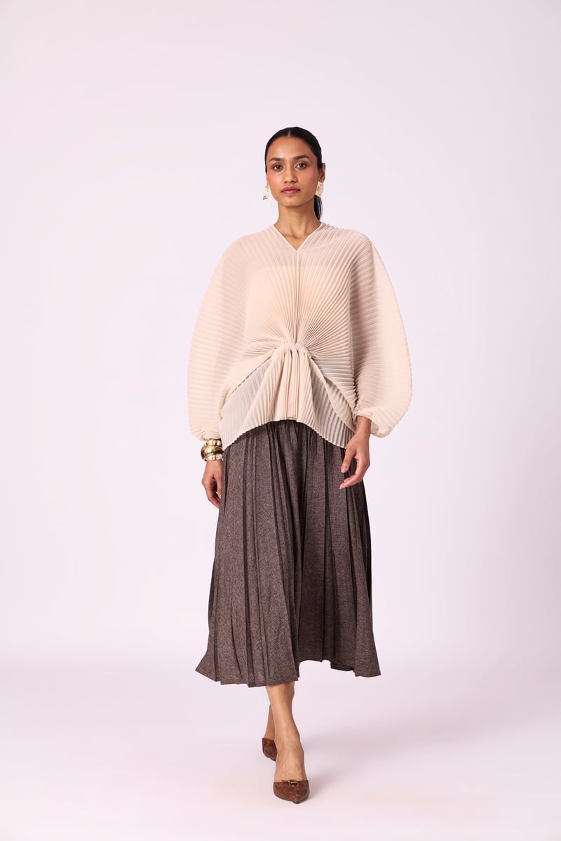 Cream Pleated Kaftan-Inspired V-Neck Batwing Top