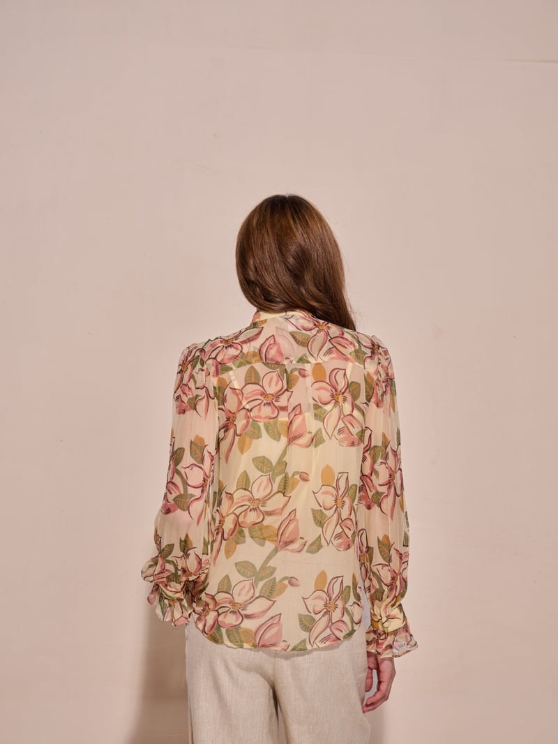 Yellow Floral Chiffon Ruffle High-Neck Top