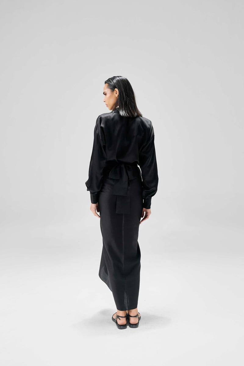 Black Satin Shirt and Sarong Skirt Co-ord Set