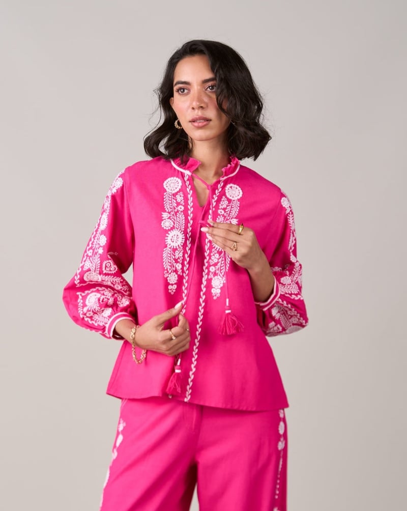 Pink Embroidered Longline Tie-Up Tunic Top