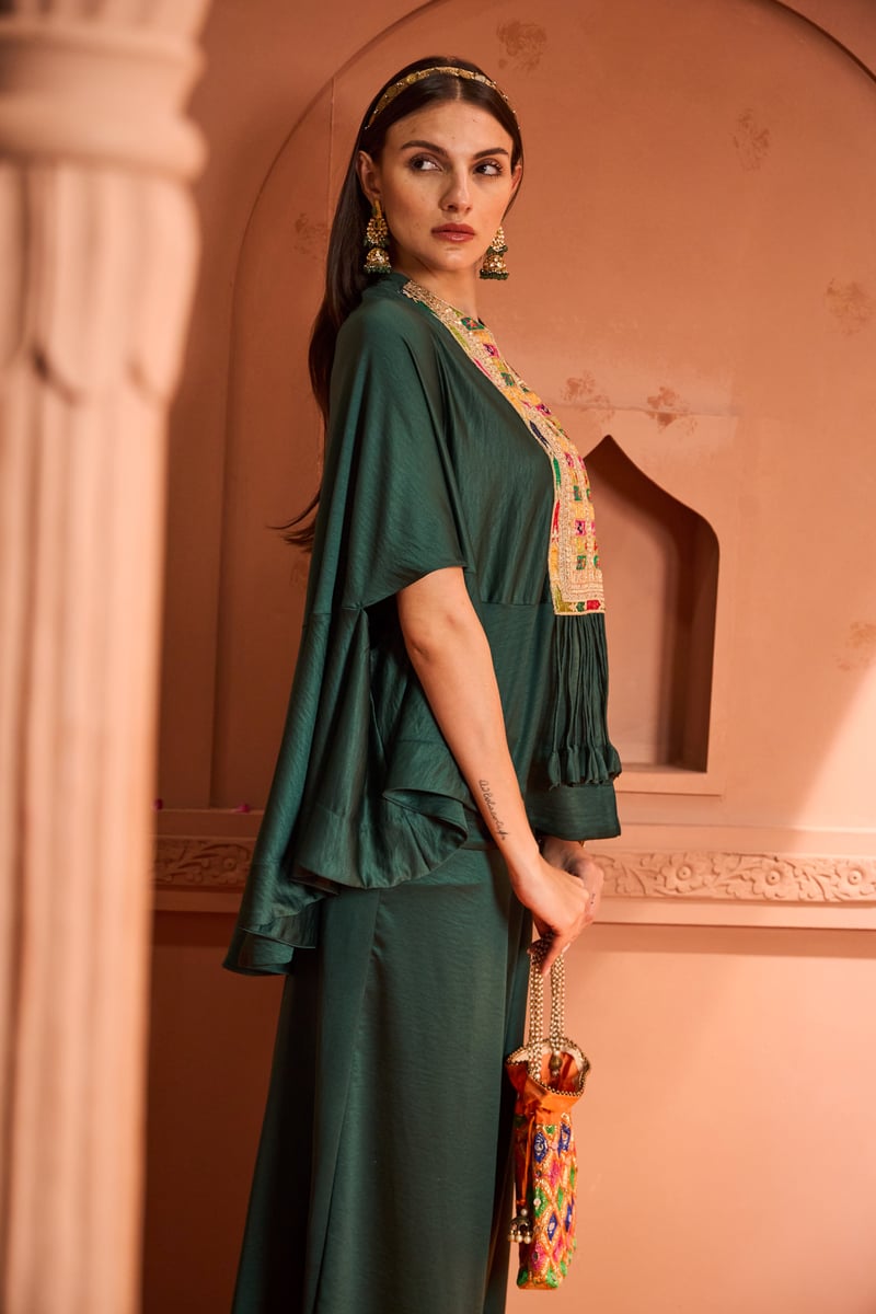 Emerald Green Kaftan Top and Flared Pants Co-ord Set