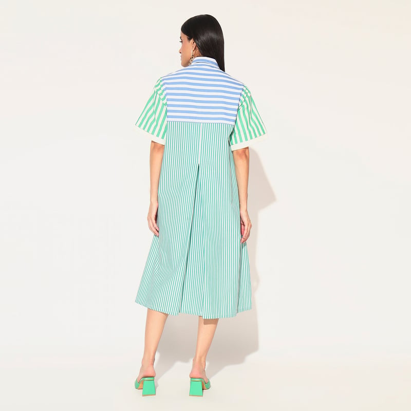 Blue Green Striped Panelled Cotton Midi Shirtdress