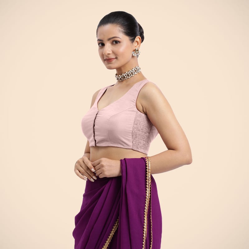 Baby Pink Sleeveless V-Neck Front-Open Saree Blouse