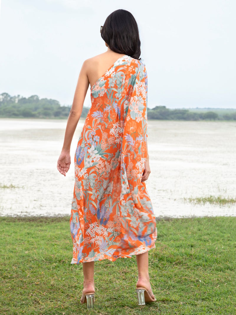 Orange One-Shoulder Floral Kaftan Midi Dress
